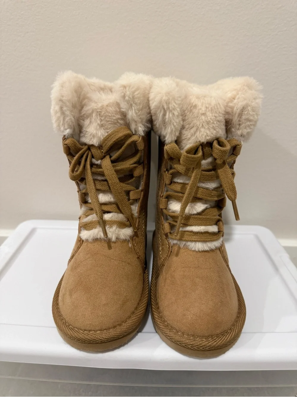 Old Navy Tan Faux Suede Fur Trim Lace Up Toddler Boots